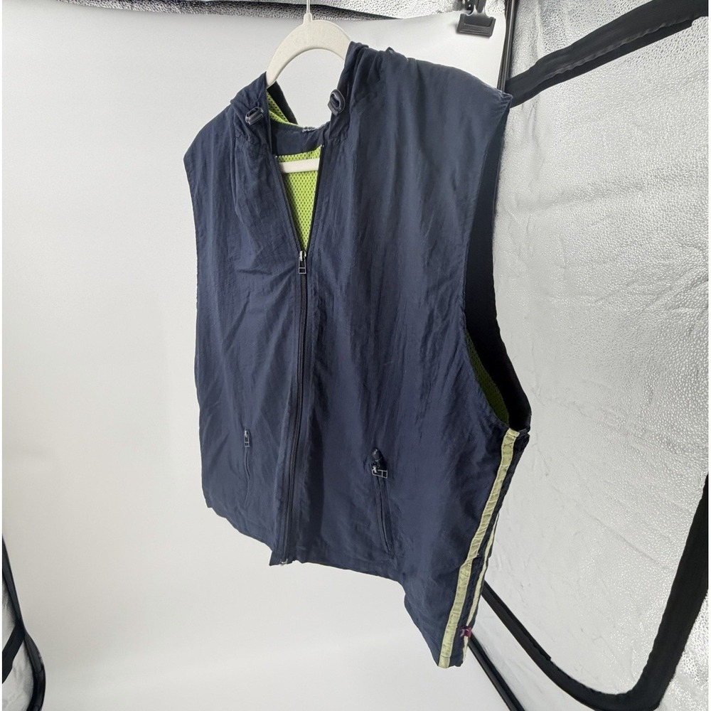 Vintage Navy Lime Green Sleeveless Hooded Zip Windbreaker Vest XL Mesh lining‎
